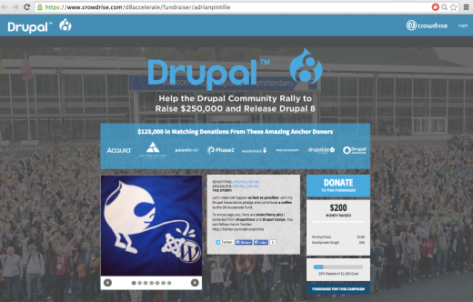 fundraising website for drupal 8 featuring a graphic of the Drupal logo peeing on the Joomla and WordPress logos