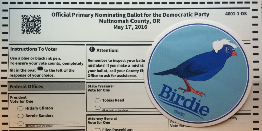 Multnomah county primary nominating ballot with blue "Birdie" Bernie Sanders campaign sticker
